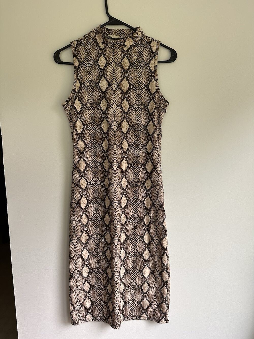 Olivia Rae Brown White Snake Print Mock Neck MIDI Dress Fitted Size Small